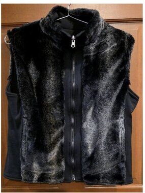 Vintage Wooly Bully WEAR COLORADO FAUX FUR REVERSIBLE ZIP VEST BLACK  STRETCH SI